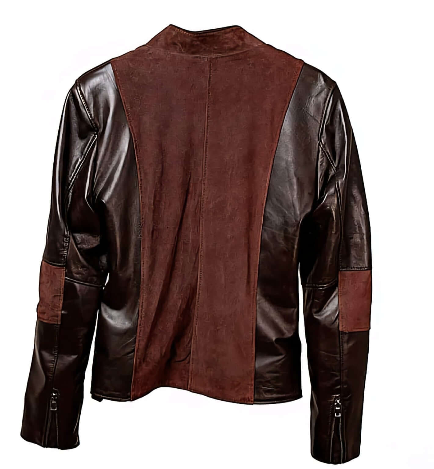Brown leather jacket back view