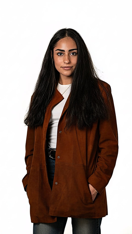 Women's brown suede leather jacket front view