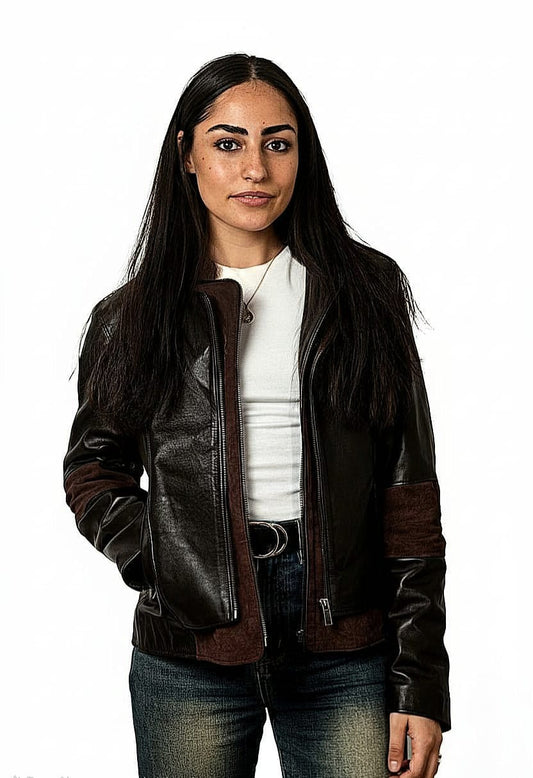 Woman wearing brown leather jacket