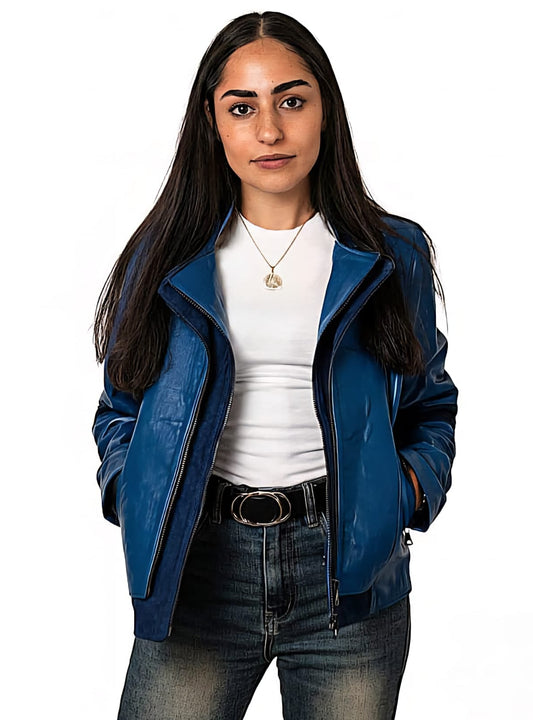 Woman wearing blue leather jacket