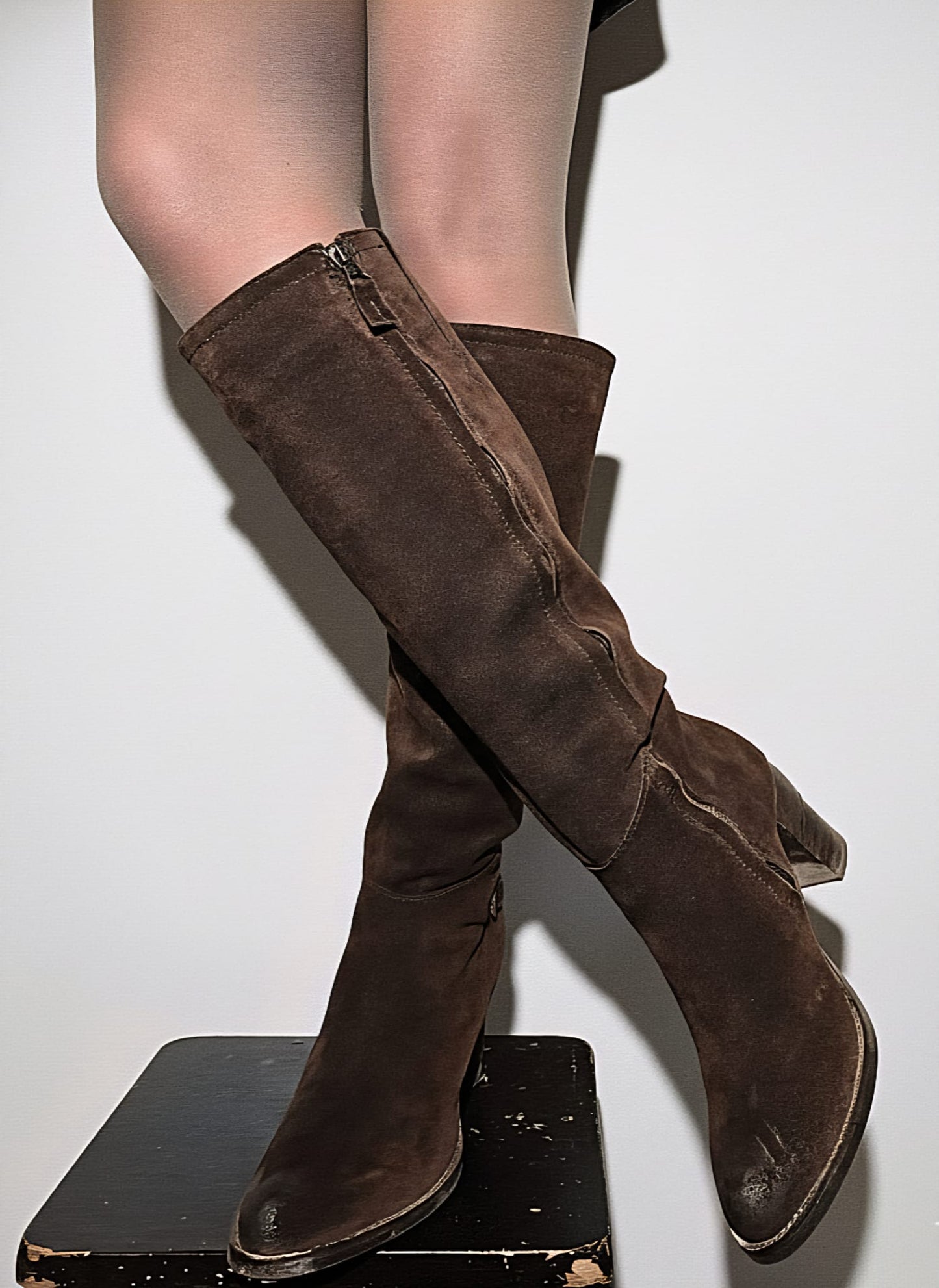 Brown suede high boots with block heel front view