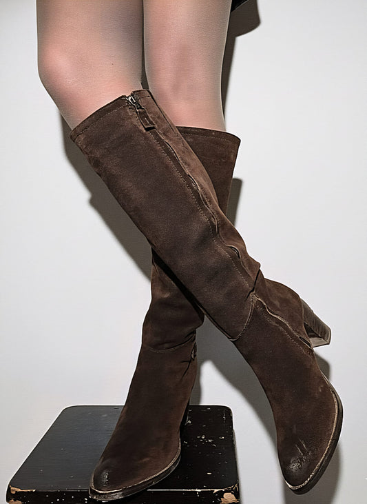 Brown suede high boots with block heel front view